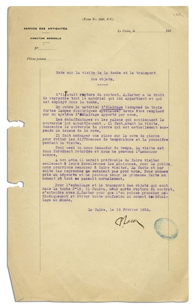 Pierre Lacau Typed Letter Signed as Egypt's Director of Antiquities -- Regarding King Tut's Tomb and Its Discoverer, Howard Carter: ''Note on visiting the grave''