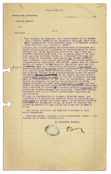 Important Letter Signed by Pierre Lacau Regarding King Tut's Tomb & the Fight With Howard Carter to Objects in the Tomb -- ''...Mr. Carter thinks that article 6 of the contract entitles him...''