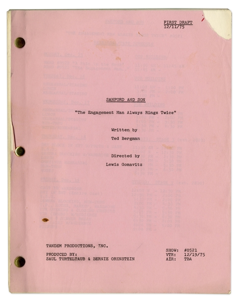 Redd Foxx's ''Sanford & Son'' Hand-Annotated Script -- 1st Draft of ''The Engagement Man Always Rings Twice'' Dated 11 December 1975 -- Very Good Condition -- From the Redd Foxx Estate