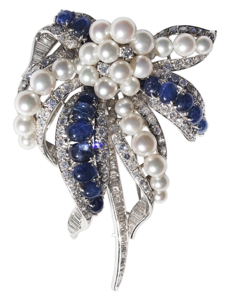 Estee Lauder Owned Platinum Brooch With Diamonds, Pearls and Sapphires -- Designed by David Webb & With Provenance From Sotheby's