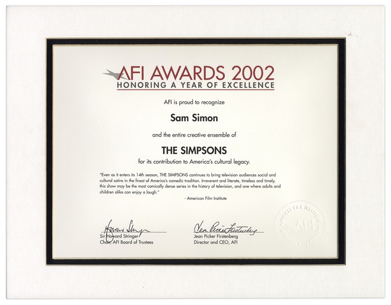 AFI Certificate Given to ''The Simpsons'' Co-Creator Sam Simon -- From the Sam Simon Estate