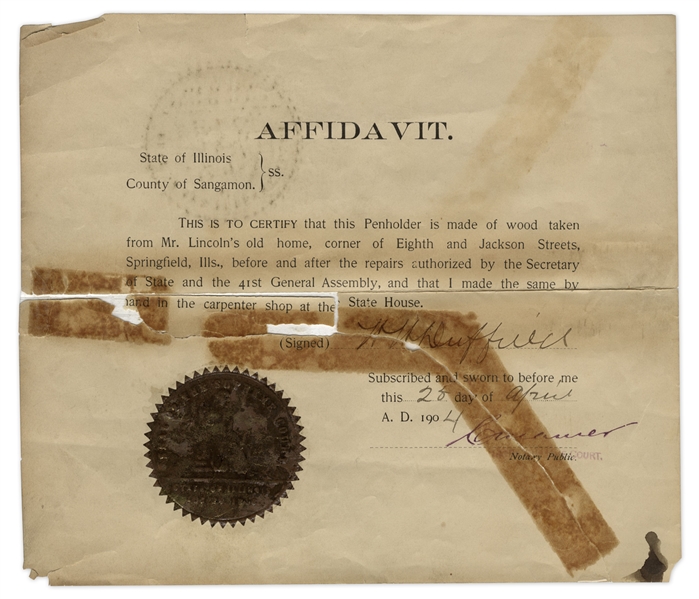 Penholder Made From Abraham Lincoln's Home in Springfield, Illinois -- With COA Affidavit From State of Illinois