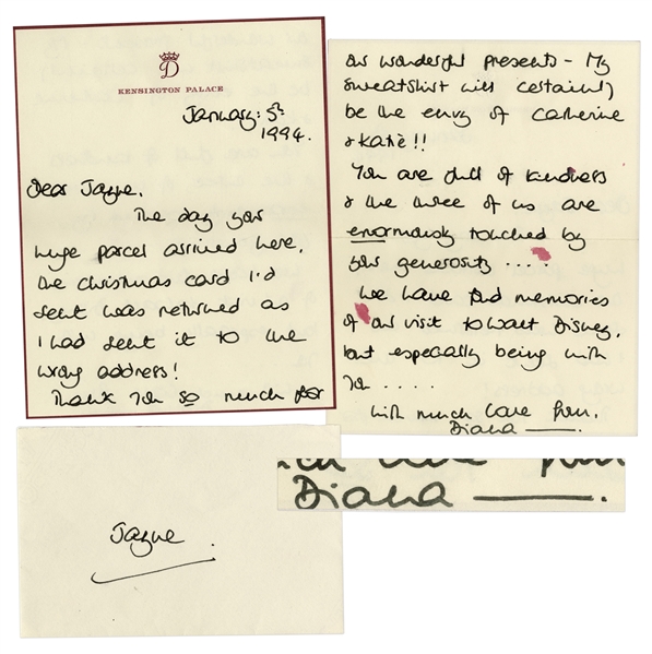 Princess Diana Autograph Letter Signed in 1994 on Kensington Palace Stationery -- ''...You are full of kindness and the three of us are enormously touched...we have fond memories...''