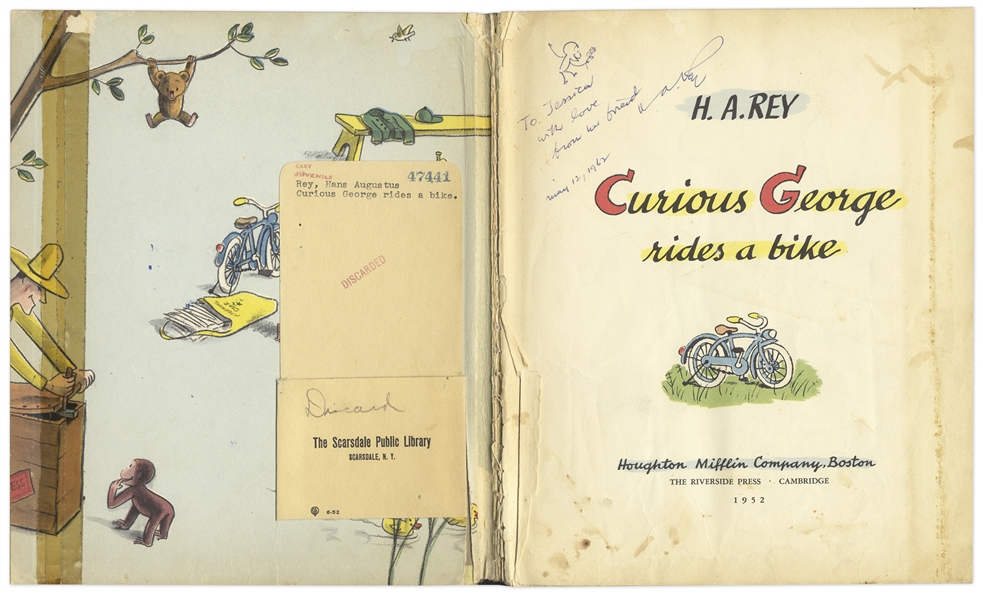 Curious George First Edition, Signed by H.A. Rey with Original Ink Drawing -- ''Curious George Rides a Bike'' From 1952