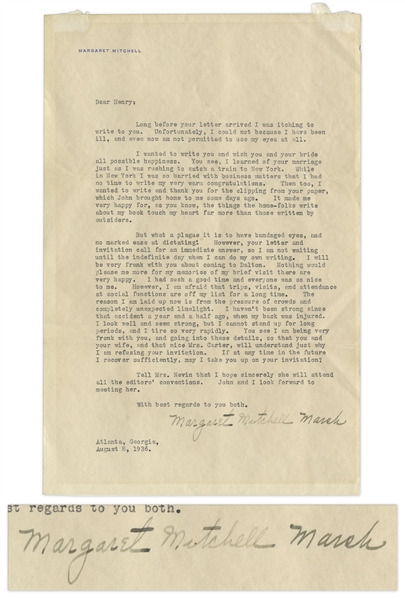 Margaret Mitchell Letter Signed Regarding Her Fame Following ''Gone With the Wind'' -- ''...The reason I am laid up now is from the pressure of crowds and completely unexpected limelight...''