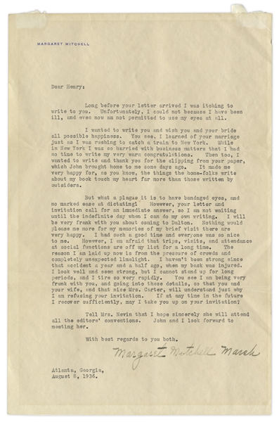 Margaret Mitchell Letter Signed Regarding Her Fame Following ''Gone With the Wind'' -- ''...The reason I am laid up now is from the pressure of crowds and completely unexpected limelight...''
