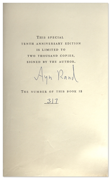 Ayn Rand Signed ''Atlas Shrugged'' -- Her Magnum Opus -- Number 317 in a Special 10th Anniversary Edition Limited to 2,000