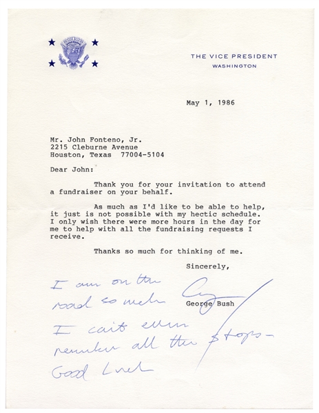George H.W. Bush Letter Signed as Vice President With Autograph Note -- ''I am on the road so much I can't even remember all the stops''