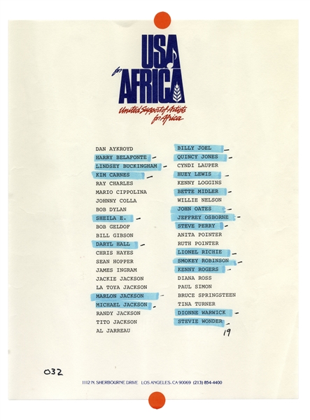 Historic ''USA for Africa'' Poster Signed by 18 Musical Artists From the 1985 Charity Single ''We Are The World'' -- Including Michael Jackson & Billy Joel -- With Epperson COA