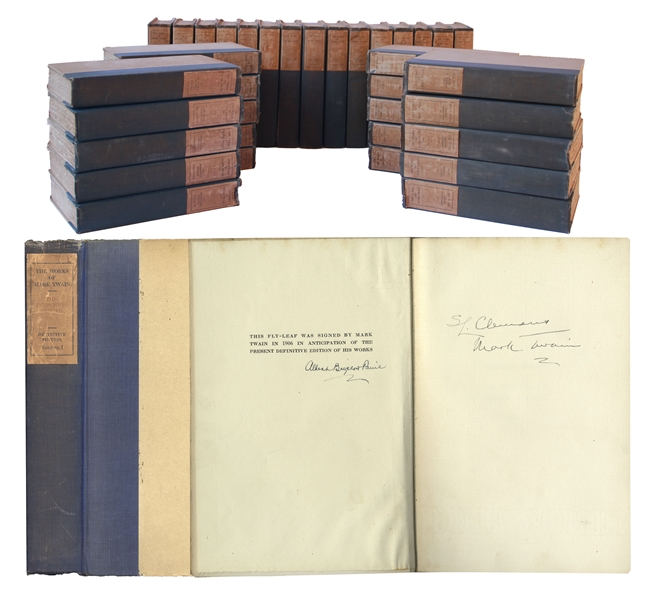 Mark Twain Signed ''The Works of Mark Twain'' -- Complete 35 Volume Set, Signed Both ''S.L. Clemens / Mark Twain'' in the First Volume