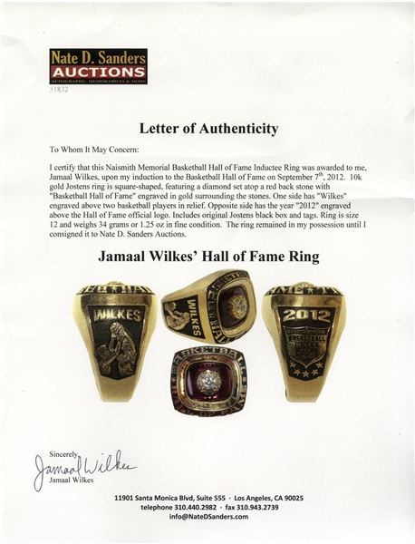 Jamaal Wilkes' Hall of Fame Ring Obtained Directly from Him -- Fine