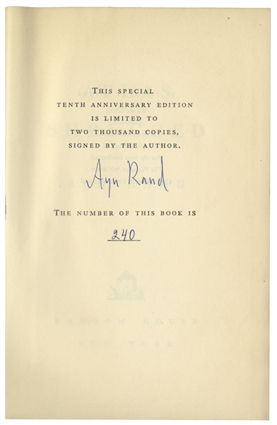 Ayn Rand Signed ''Atlas Shrugged'' -- Number 240 in a Special 10th Anniversary Edition Limited to 2,000