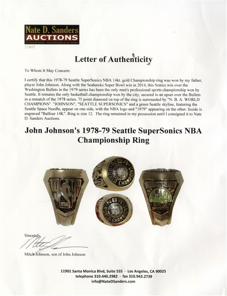 John Johnson's 1978-79 Seattle SuperSonics NBA Championship Ring -- Obtained Directly From His Estate