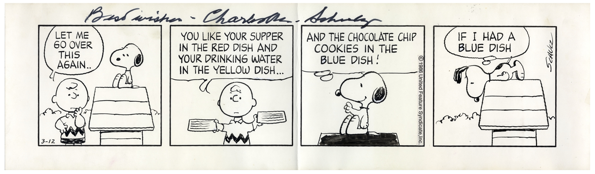 Charles Schulz Hand-Drawn ''Peanuts'' Comic Strip From 1986 -- Charlie Brown & Snoopy Negotiate His Treats