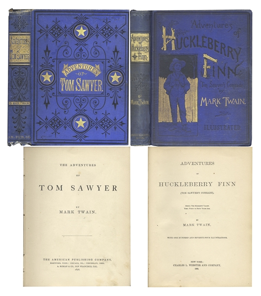 Attractive First Edition Set of Mark Twain's ''Adventures of Tom Sawyer'' & ''Adventures of Huckleberry Finn'' -- Both Bound in Publisher's Blue Cloth