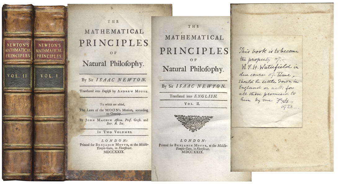 Isaac Newton autograph Isaac Newton first edition Rare First Edition of Sir Isaac Newton's ''The Mathematical Principles of Natural Philosophy'' -- Two Volume Set From 1729