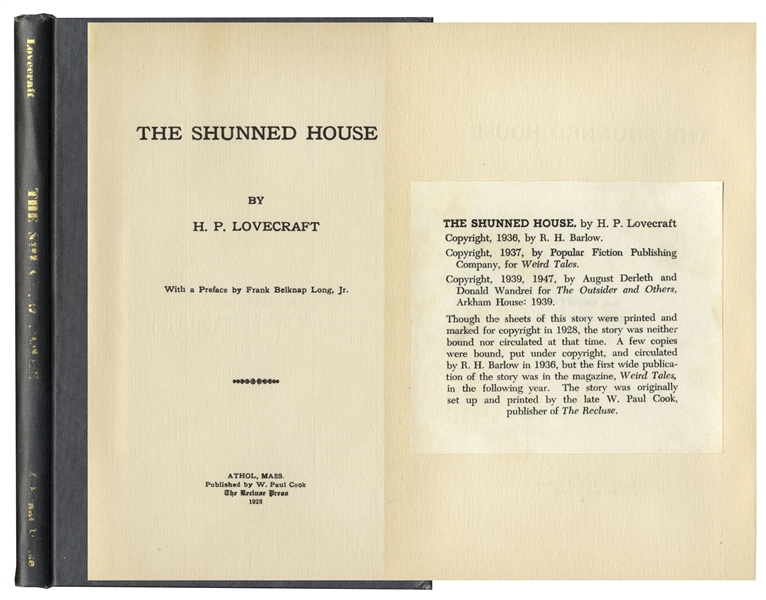 HP Lovecraft First Edition H.P. Lovecraft Printing of ''The Shunned House'' From 1928 -- One of Only 100 Printed Copies Subsequently Printed by Arkham House, With ''Canterbury'' Watermark -- Scarce