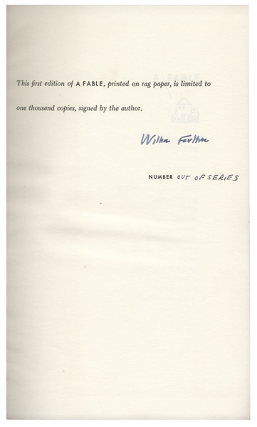 William Faulkner Signed First Edition of ''A Fable'' -- In Original Acetate Wraps & Slipcase