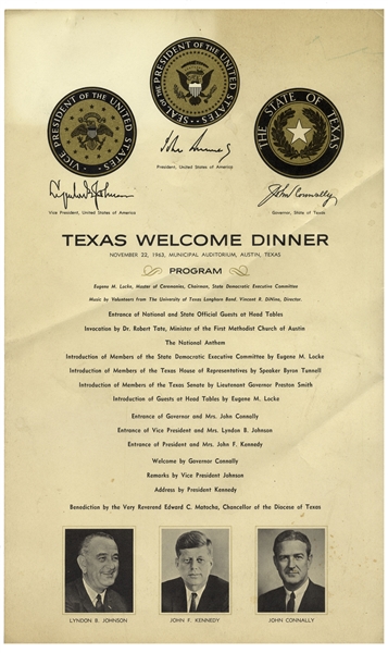 Lot of Items From the ''Texas Welcome Dinner'' That President John F. Kennedy Was to Attend the Night of His Assassination