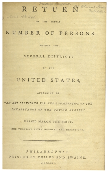 Federalist 1st Edition Thomas Jefferson Scarce Signed 1st Edition of the First U.S. Census -- One of Only a Handful Signed & Ratified by Jefferson