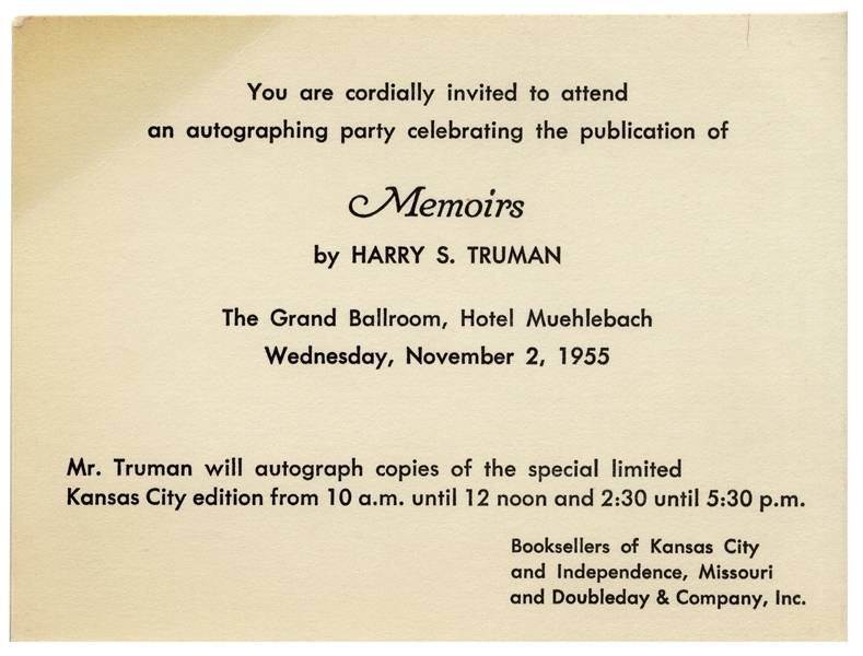 Harry Truman Signed ''Memoirs'' -- Uninscribed -- With Rare Invitation Card to Attend the 1955 ''Autographing Party'' With Truman