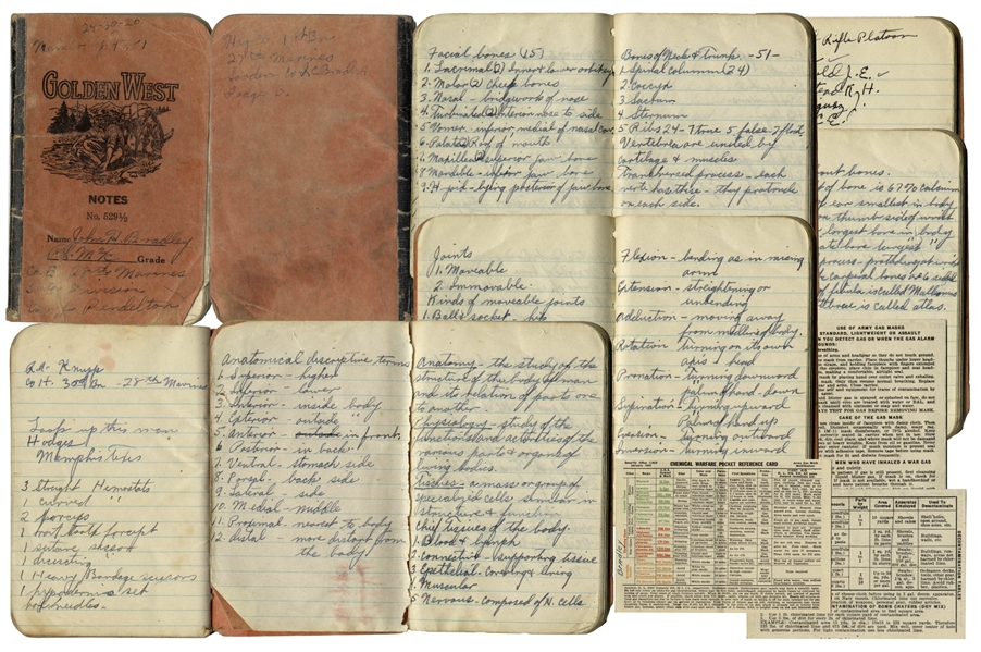 Fascinating Booklet Signed & Handwritten by WWII Hero John Bradley -- Bradley Takes Medical Notes in His Role as Hospital Corpsman -- Includes His ''Chemical Warfare Pocket Reference Card''