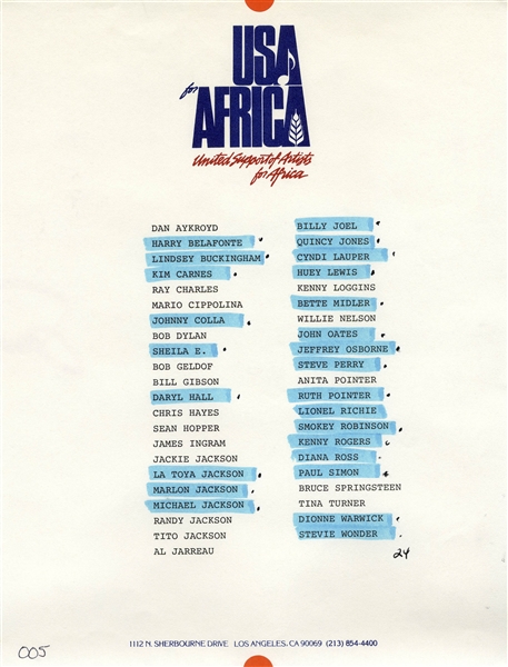 Historic ''USA for Africa'' Poster Signed by 24 Musical Artists From the 1985 Charity Single ''We Are The World'' -- Including Michael Jackson & Billy Joel