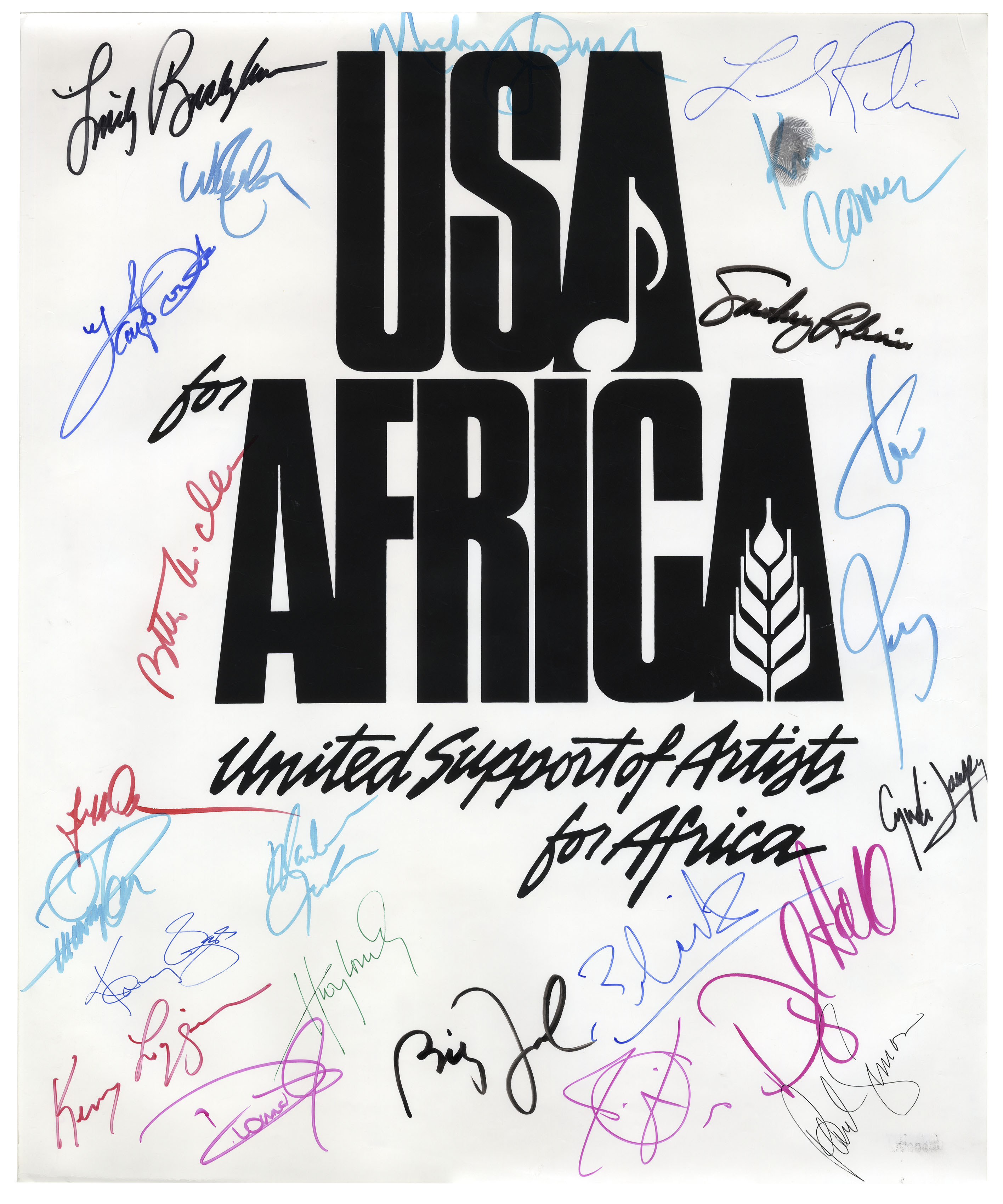 Lot Detail - Historic ''USA for Africa'' Poster Signed by 22 Musical  Artists From the 1985 Charity Single ''We Are The World'' -- Including  Michael Jackson  Paul Simon