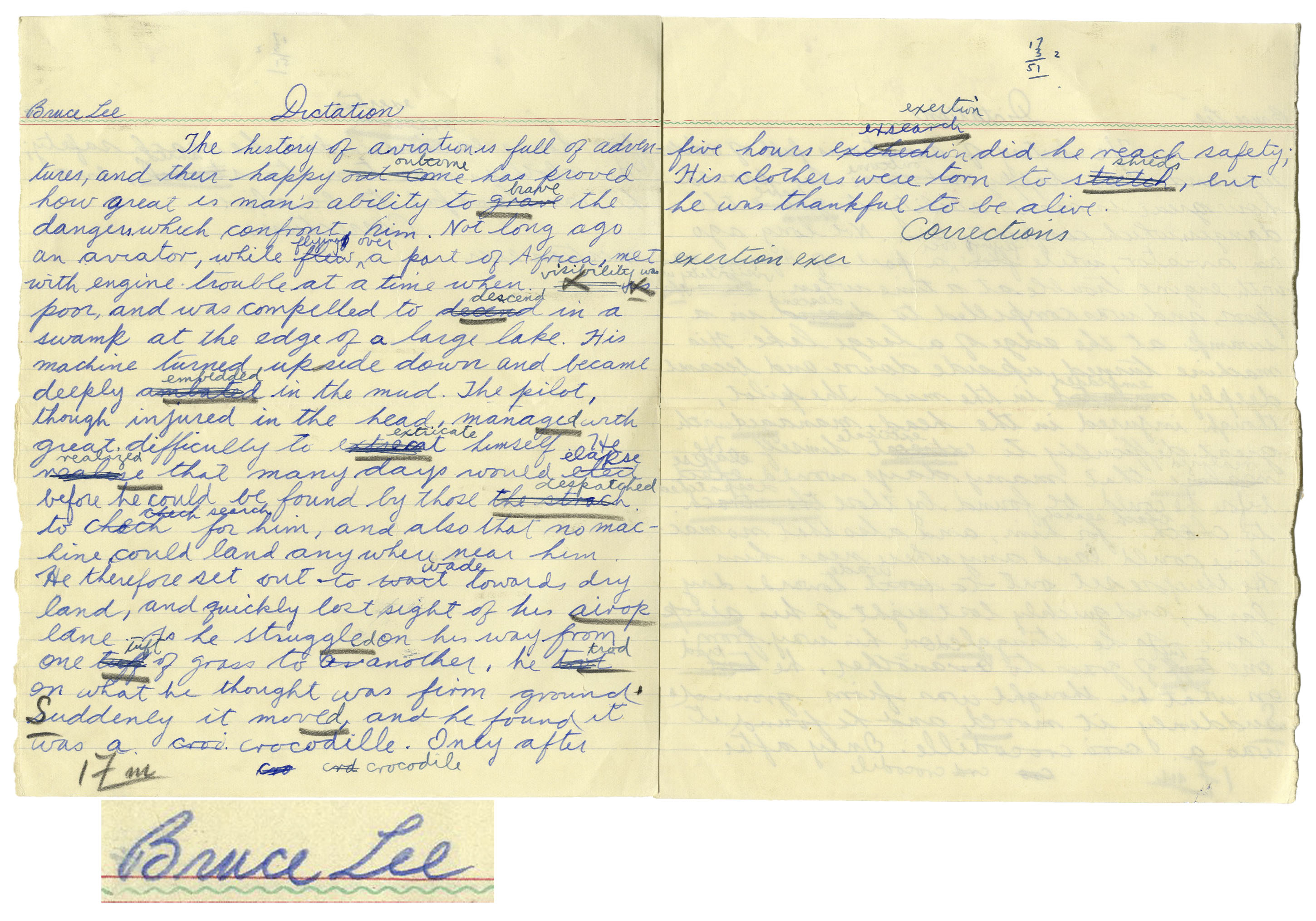 Bruce Lee Autograph Bruce Lee Personally Owned Signed & Handwritten Essay From High School -- ''...how great is man's ability to brave the dangers which confront him...'' -- Among Earliest Examples of Lee's Writing