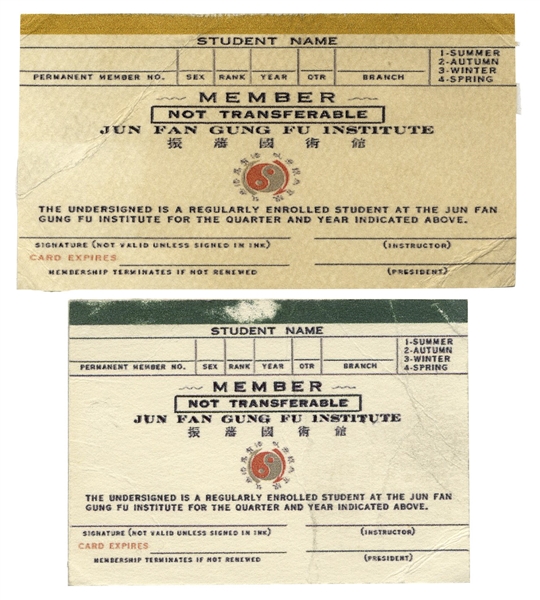 Two Membership Cards From Bruce Lee's First Martial Arts School in Seattle, the Jun Fan Gung Fu Institute