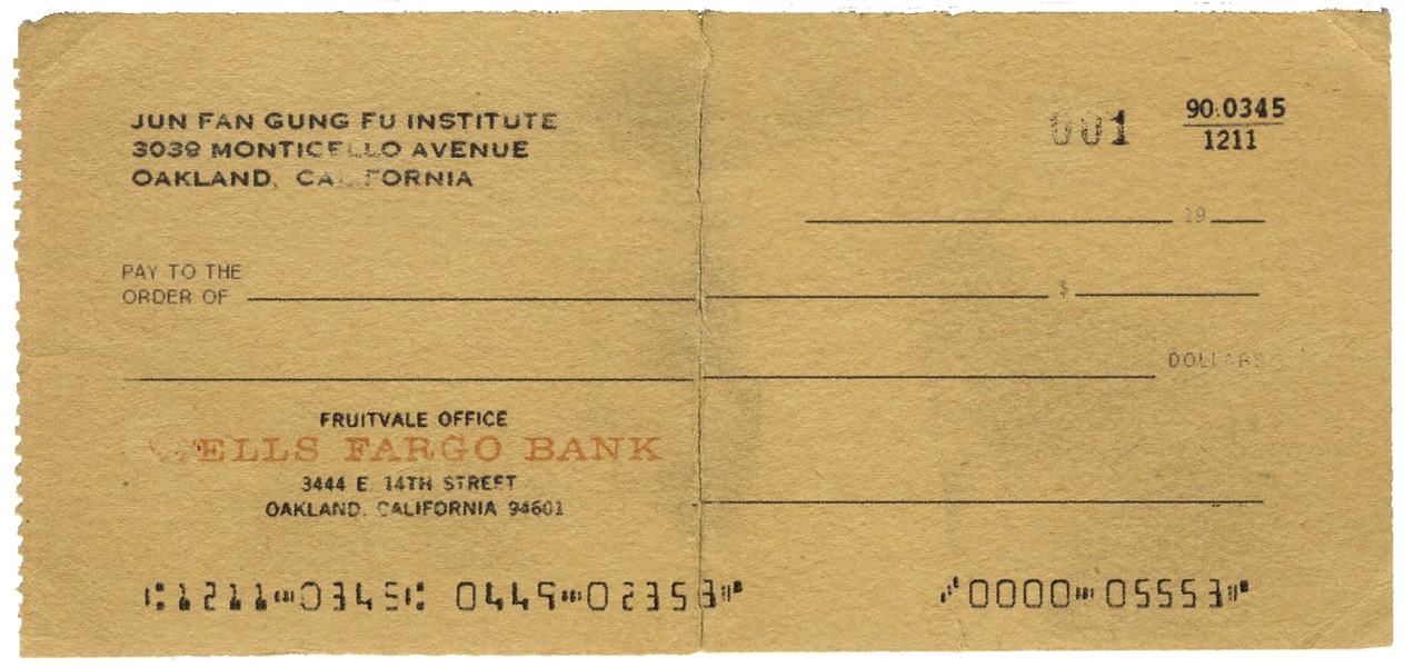 First ''001'' Check From Bruce Lee's Jun Fan Gung Fu Institute -- From the Mid-1960s