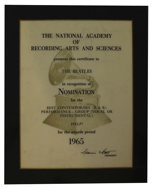 Grammy Nomination for The Beatles ''Help!'' in 1965 -- Very Scarce