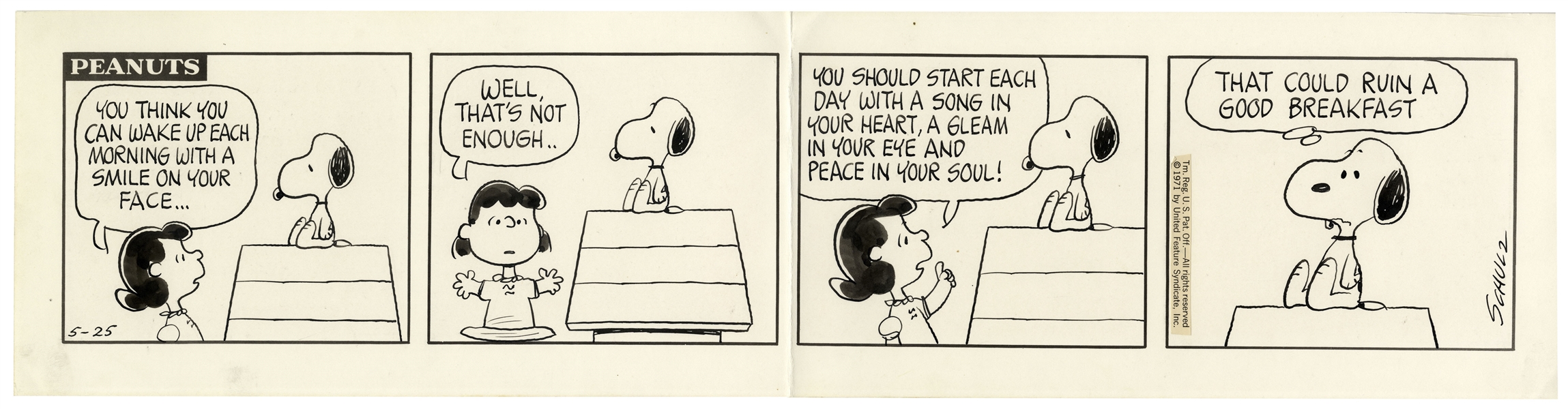 Charles Schulz Hand-Drawn ''Peanuts'' Comic Strip From 1971 Featuring Snoopy & Lucy