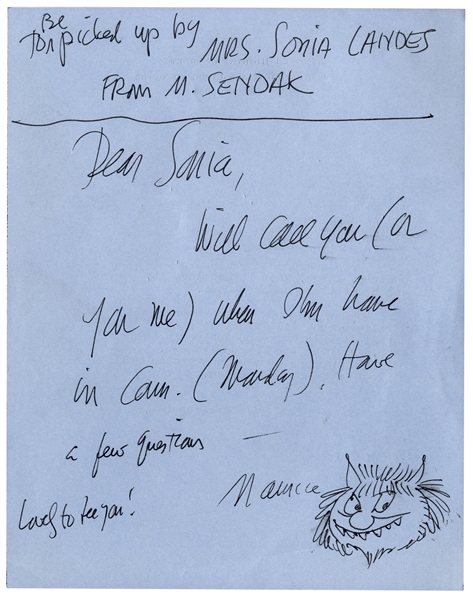 Maurice Sendak Autograph Note Signed -- With a Sketch of One of His Mischievous ''Wild Things''