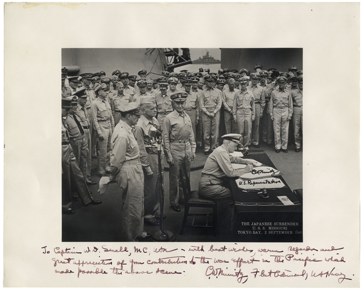 Admiral Chester Nimitz 13'' x 11'' Signed Photo of the Japanese Surrender -- Near Fine