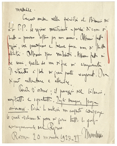 Benito Mussolini Autograph Letter Signed as Prime Minister and Duce of Fascism -- ''...The situation is extremely delicate...for which reason I am ready to support the most draconian measures...''
