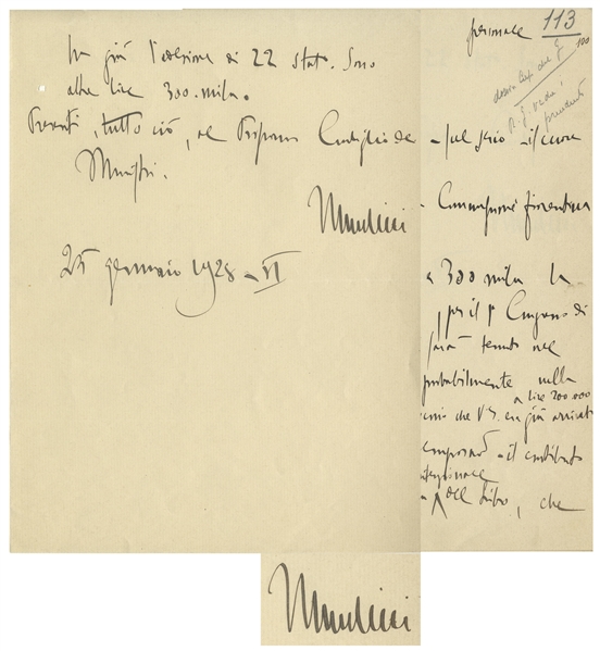 Benito Mussolini Autograph Letter Signed as Prime Minister and Duce of Fascism -- ''...Two rapier thrusts, and it breaks my heart...''
