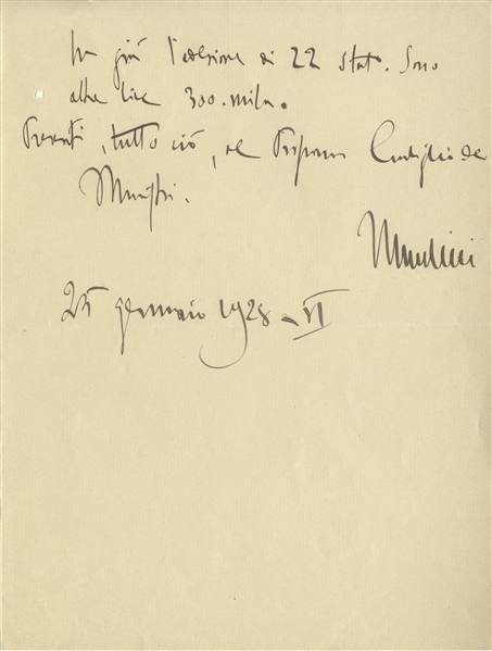 Benito Mussolini Autograph Letter Signed as Prime Minister and Duce of Fascism -- ''...Two rapier thrusts, and it breaks my heart...''