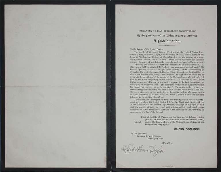 Charles Evans Hughes Signed Proclamation on the Death of Woodrow Wilson -- In a Foregone Era of Bipartisanship, Hughes Honors the Man Who Bested Him for President