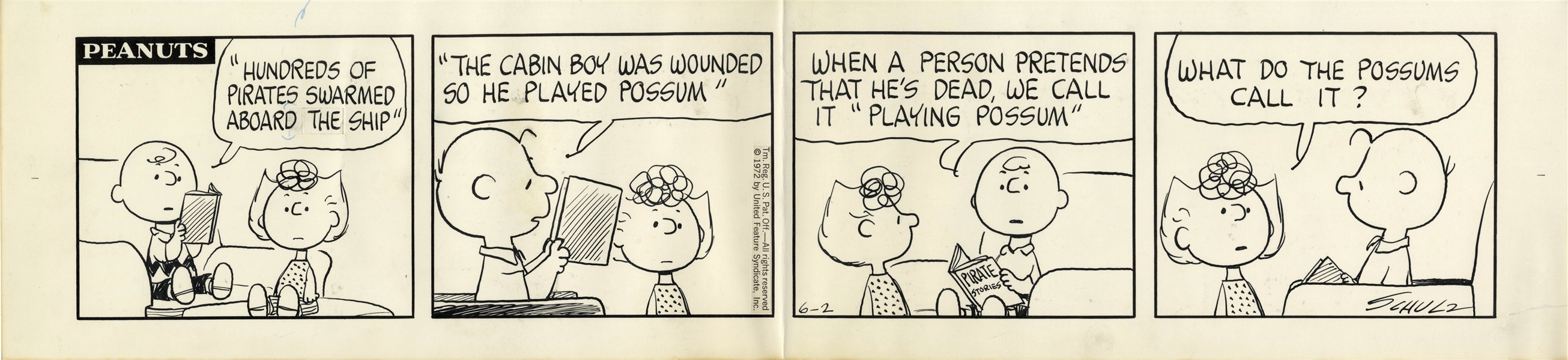 Charlie Brown & Sally Star in This ''Peanuts'' Comic Strip Hand-Drawn by Charles Schulz in 1972 -- Charlie Brown Reads a ''Pirate'' Story to His Sister