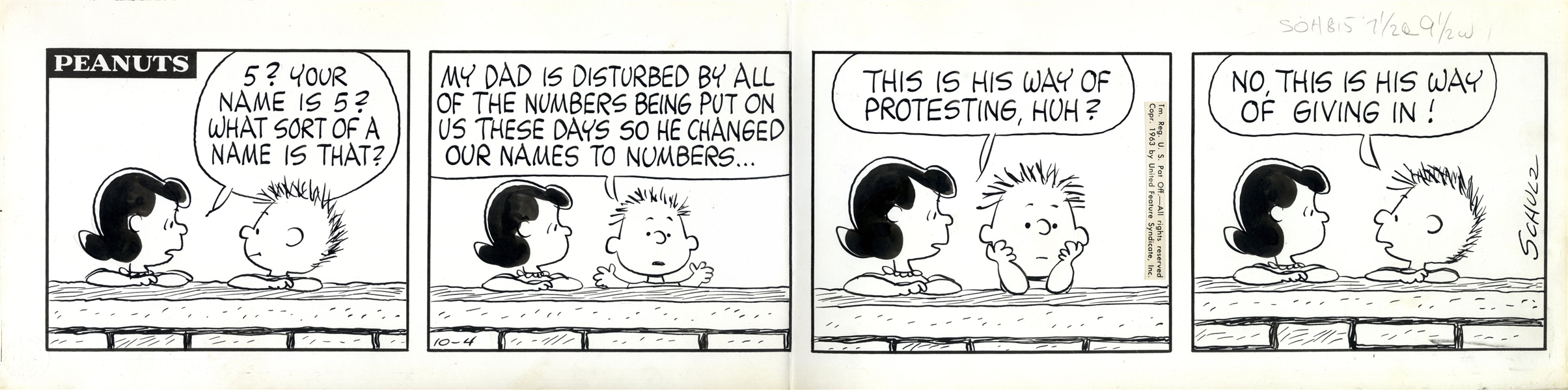 Charles Schulz Hand-Drawn Comic Strip From October 1963 -- The First Appearance of Character ''555 95472'', Schulz's Tongue-in-Cheek Protestation of Zip Codes & 7 Digit Phone #'s