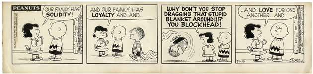 Early 1957 Peanuts Comic Strip Hand-Drawn by Charles Schulz -- Starring Charlie Brown, Lucy, Linus & Linus Blanket