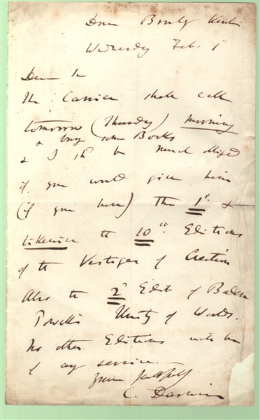 Charles Darwin Autograph Letter Signed -- Darwin Orders a Book on Evolutionary Theory Predating Origin of the Species