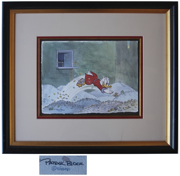 Large Watercolor of Uncle Scrooge Diving Into a Pile of Money -- by Disney Artist Patrick Block