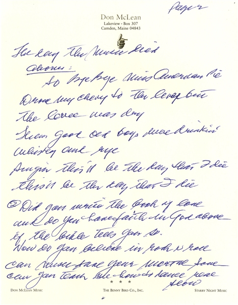 Don McLean Handwritten Lyrics to His Iconic ''American Pie'' -- The Only Lyrics Ever Sold at Auction Apart From the Original Draft