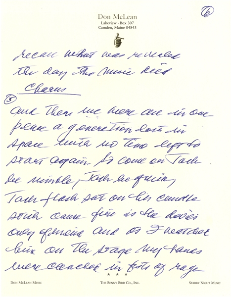 Don McLean Handwritten Lyrics to His Iconic ''American Pie'' -- The Only Lyrics Ever Sold at Auction Apart From the Original Draft