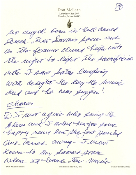 Don McLean Handwritten Lyrics to His Iconic ''American Pie'' -- The Only Lyrics Ever Sold at Auction Apart From the Original Draft