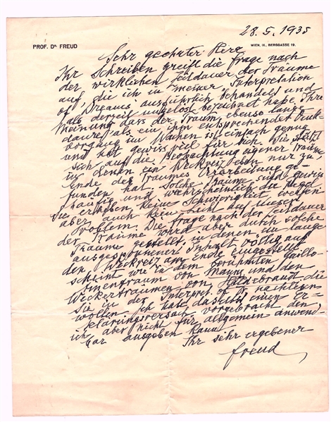 Sigmund Freud Autograph Letter Signed on Dreams & How Long They Last -- …the question of the real duration of dreams…which I have described as at present unsettled…