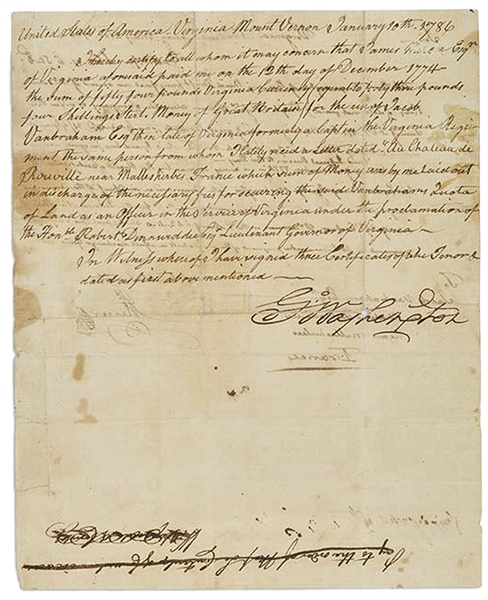 George Washington Document Signed Regarding His Military Mentor, Jacob Vanbraham, Who Fought for the British During the American Revolution