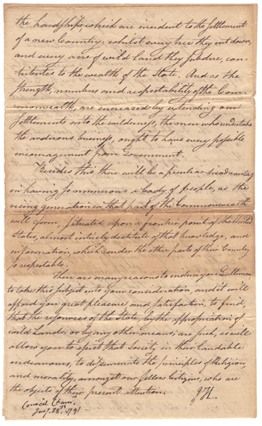 John Hancock Letter Signed Regarding Native-Americans -- …The People…are obliged to Suffer toil, hunger, and all the hardships which are incident to the Settlement of a new country…